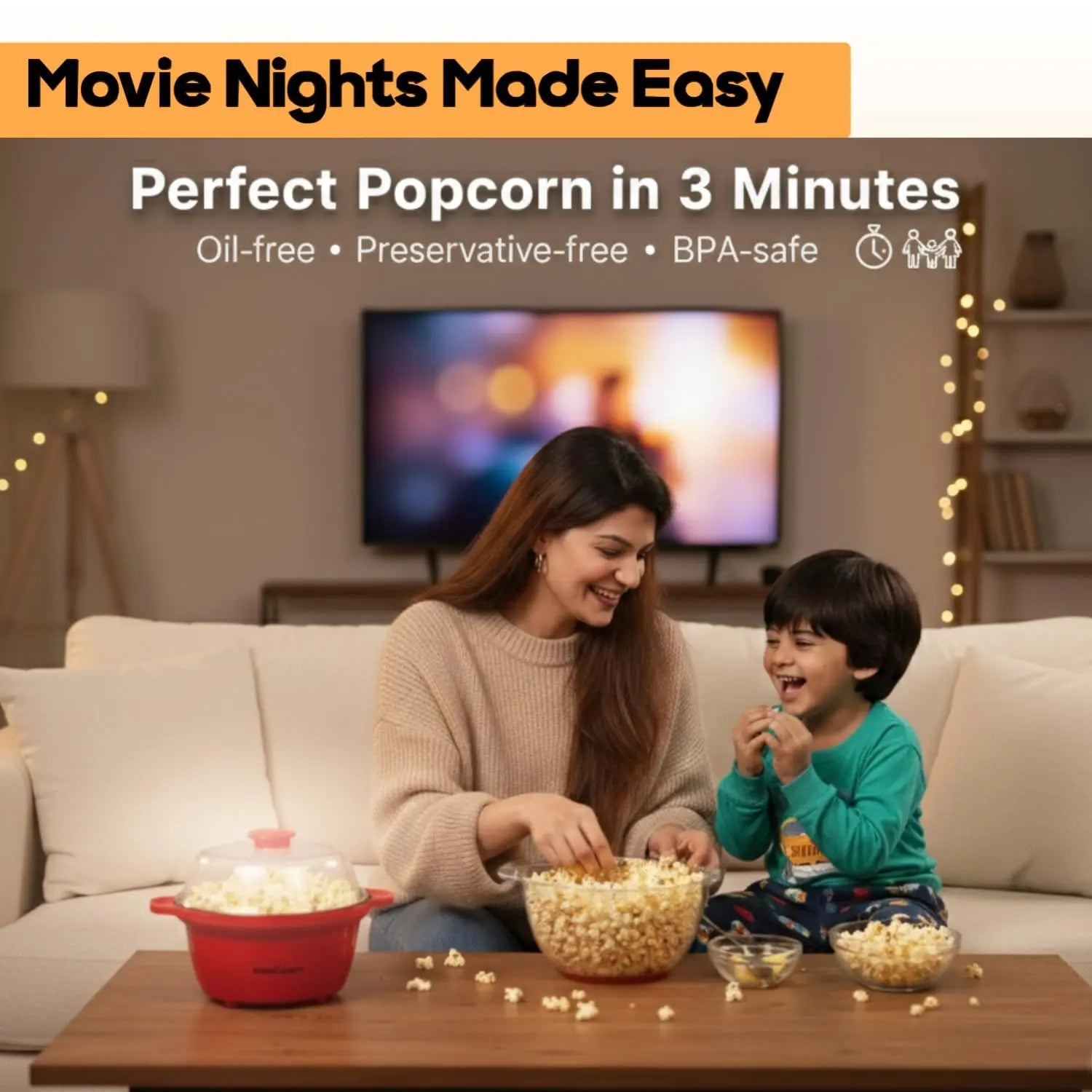 InstaCuppa popcorn maker movie night scene with mom and child enjoying oil-free BPA-safe popcorn in 3 minutes at home