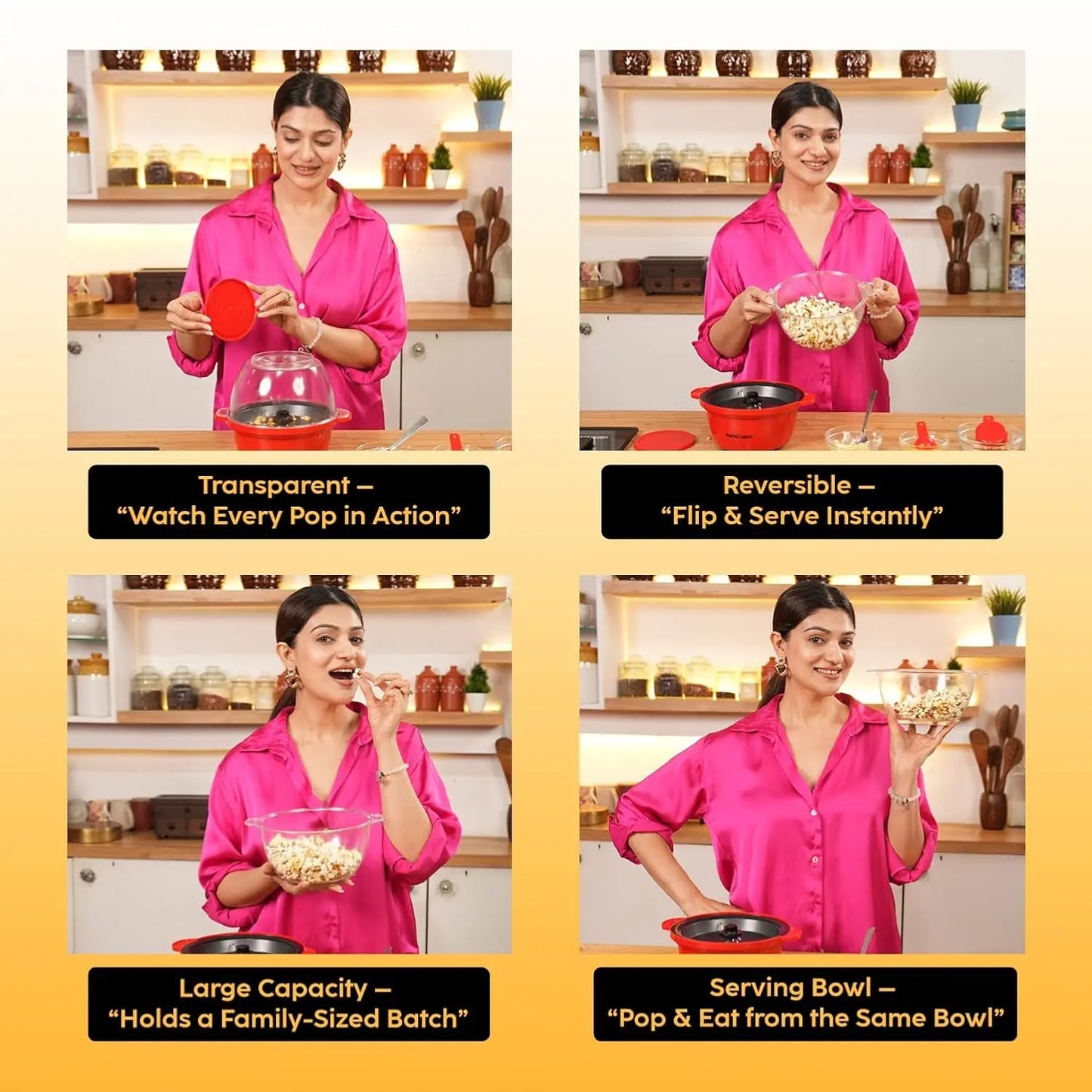 InstaCuppa electric popcorn maker showing transparent lid, reversible serving bowl, large capacity, one-step pop-and-eat design