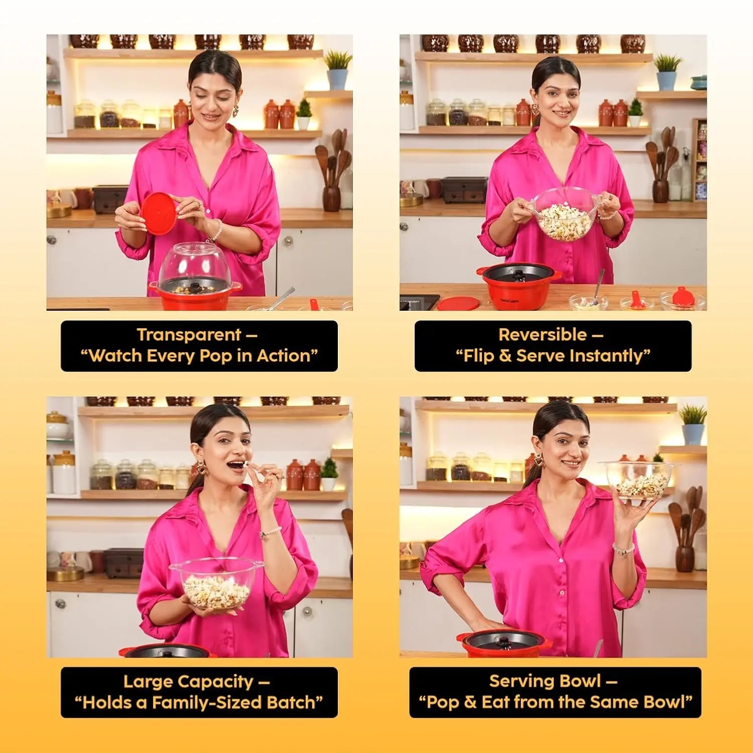 InstaCuppa electric popcorn maker showing transparent lid, reversible serving bowl, large capacity, one-step pop-and-eat design