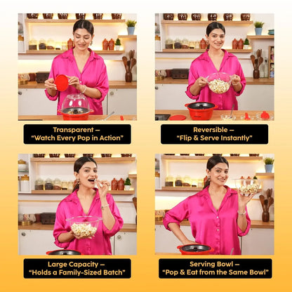 InstaCuppa electric popcorn maker showing transparent lid, reversible serving bowl, large capacity, one-step pop-and-eat design