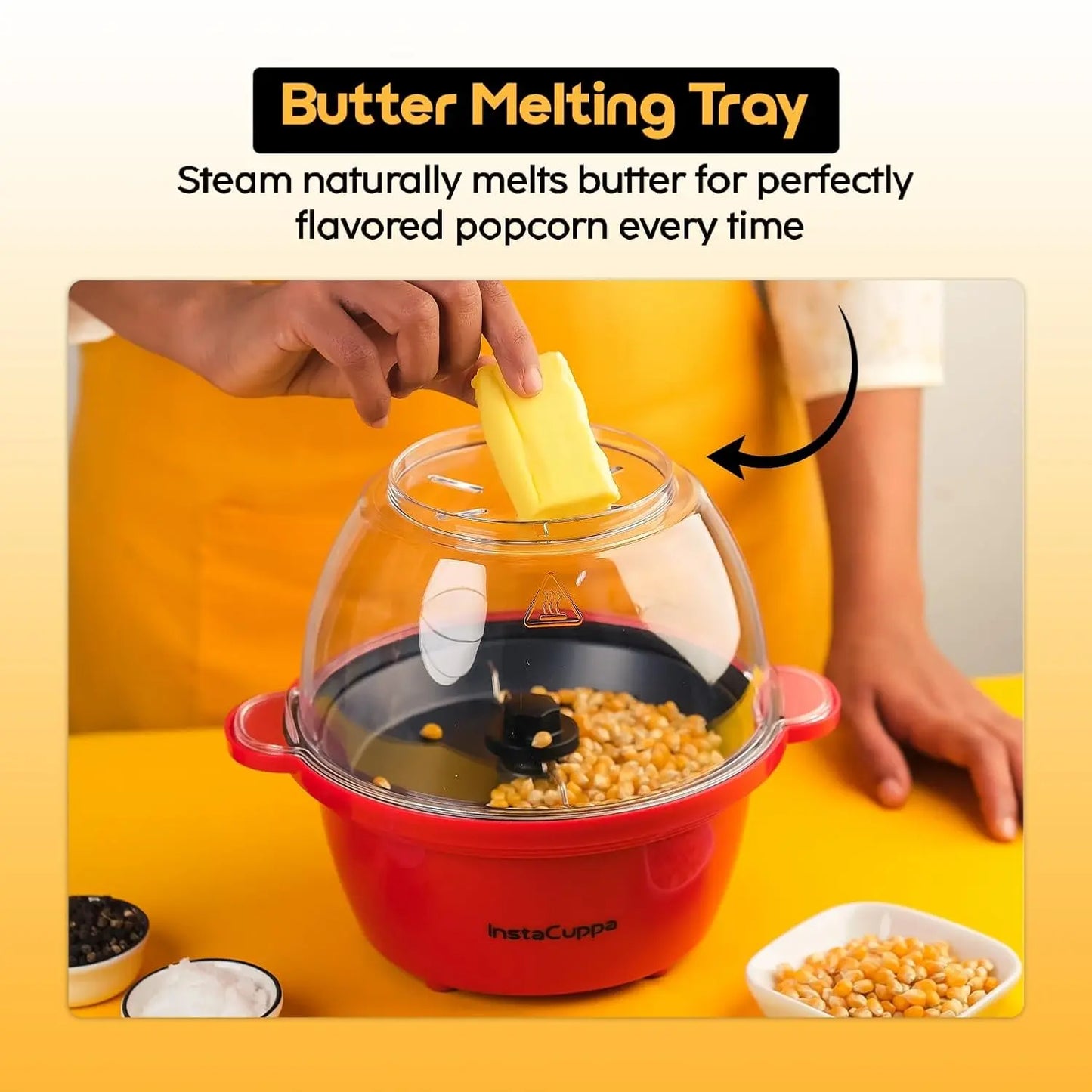 InstaCuppa electric popcorn maker butter melting tray steaming to flavor popcorn, even melt, easy seasoning