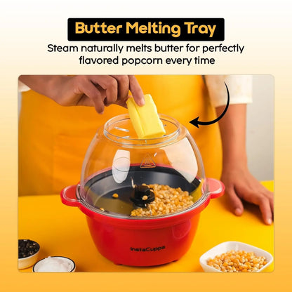 InstaCuppa electric popcorn maker butter melting tray steaming to flavor popcorn, even melt, easy seasoning
