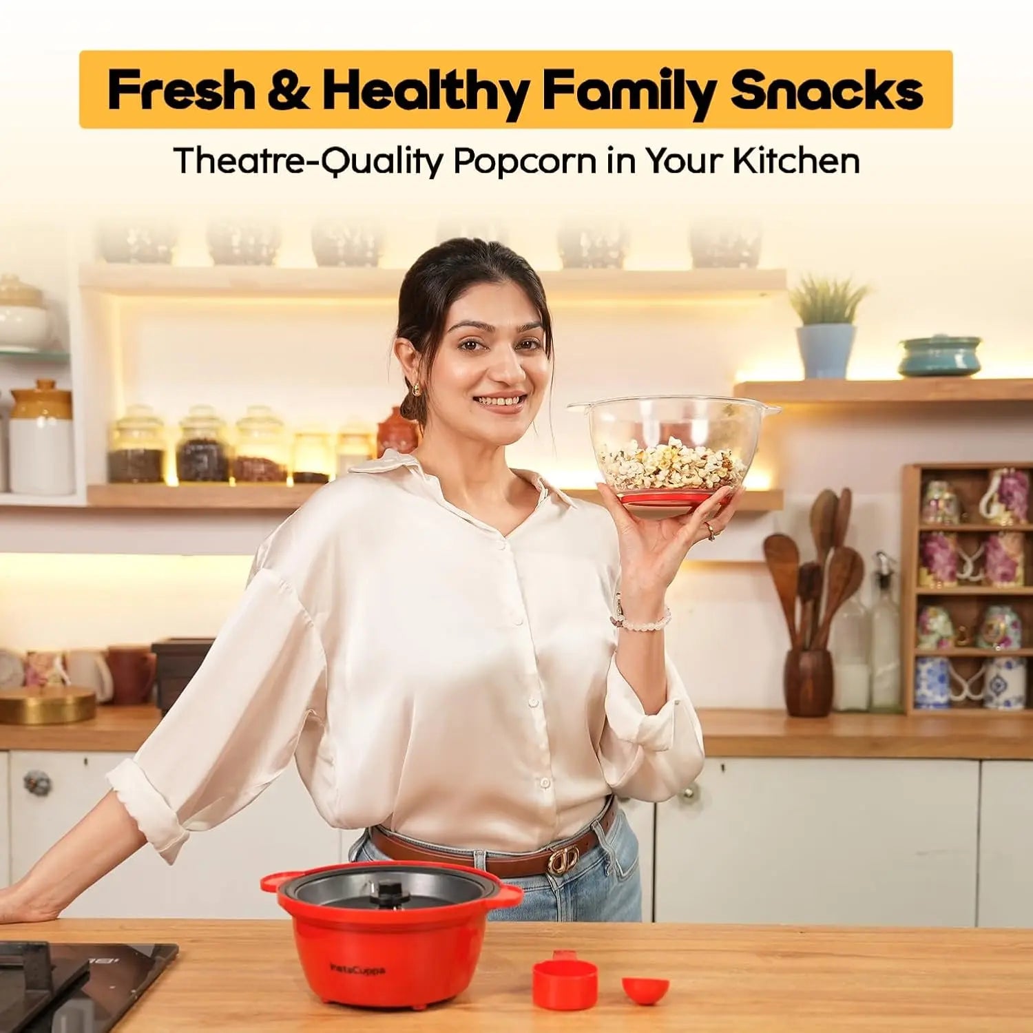 InstaCuppa electric popcorn maker with large capacity serving bowl, oil-free healthy snack, perfect family kitchen use