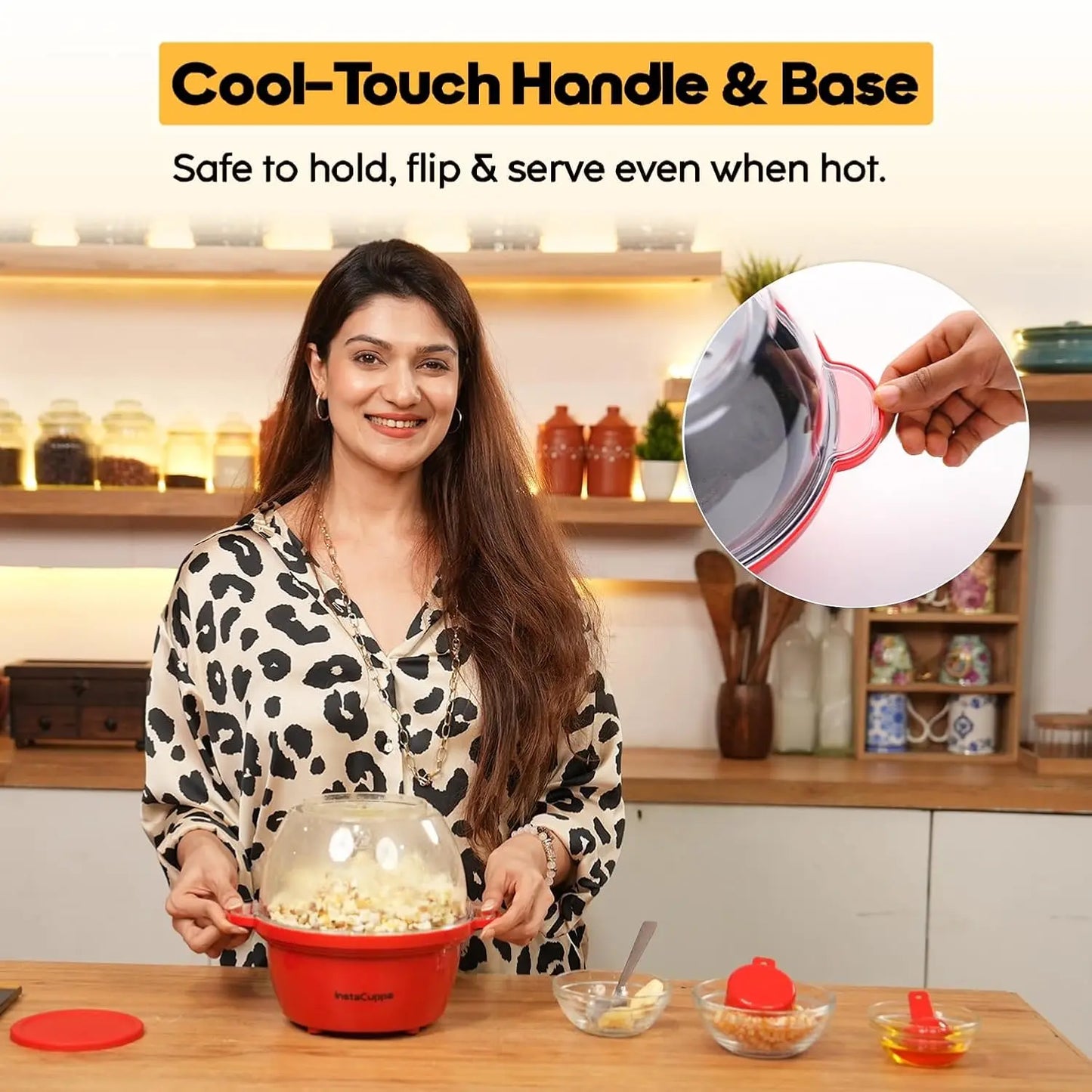 InstaCuppa electric popcorn maker with cool-touch handles & base, safe to hold & serve hot popcorn