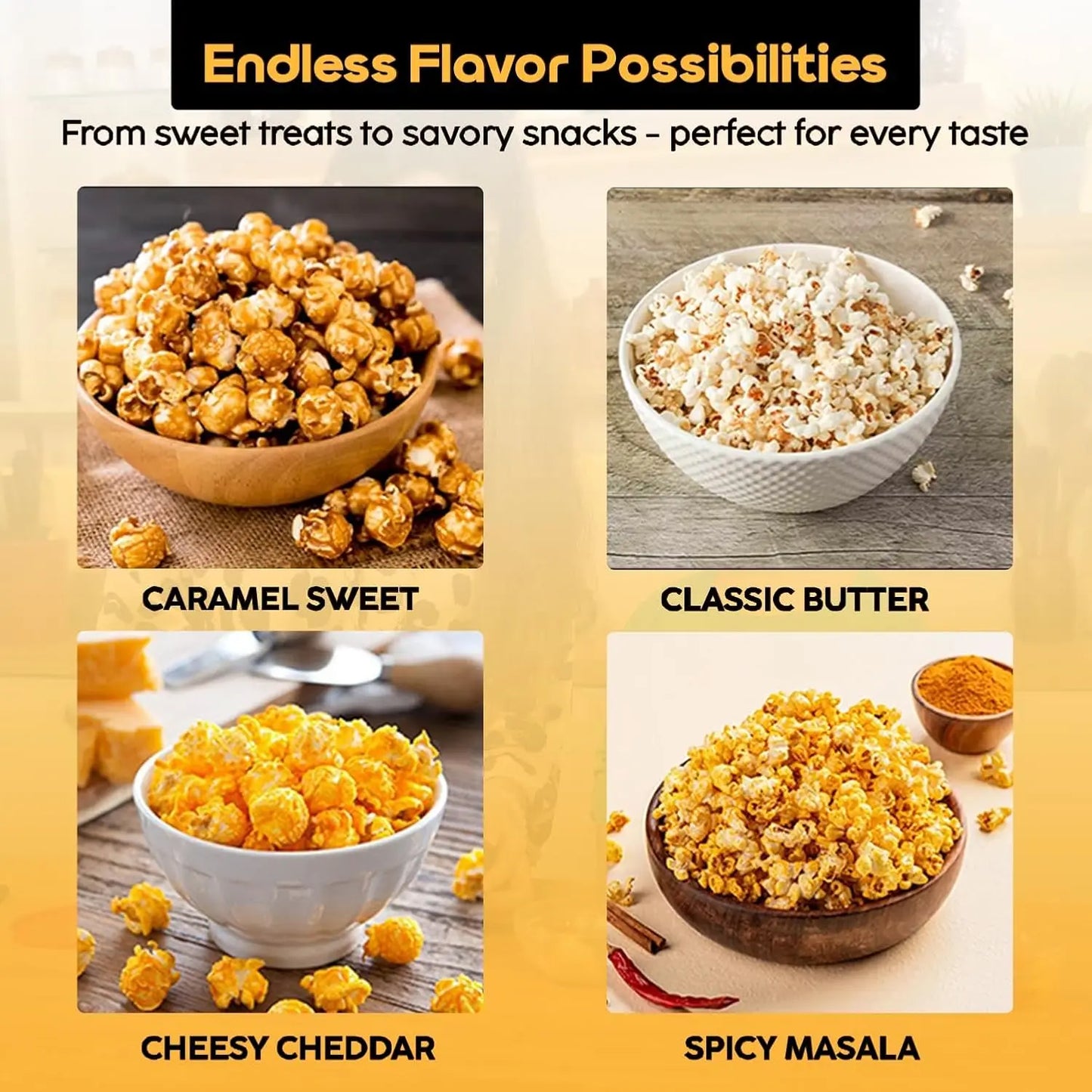 InstaCuppa popcorn maker endless flavor possibilities collage featuring caramel sweet, classic butter, cheesy cheddar, spicy masala varieties