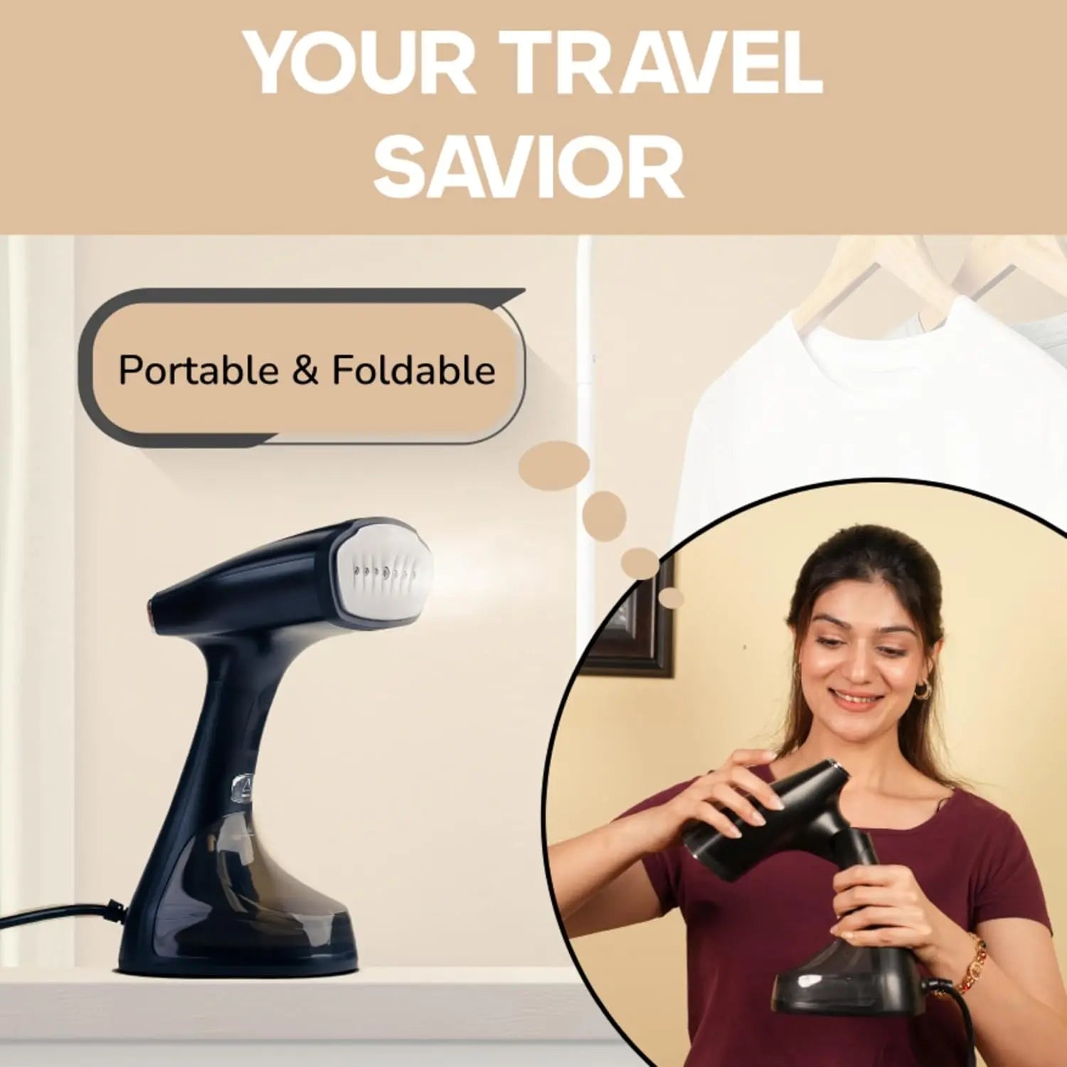 InstaCuppa Foldable Garment Steamer for Clothes, 30-Sec Preheat, Fast Wrinkle Removal 1800W Handheld Steam Iron, Safe for All Fabrics, Travel-Friendly & Portable, 2 Exclusive Accessories Included 