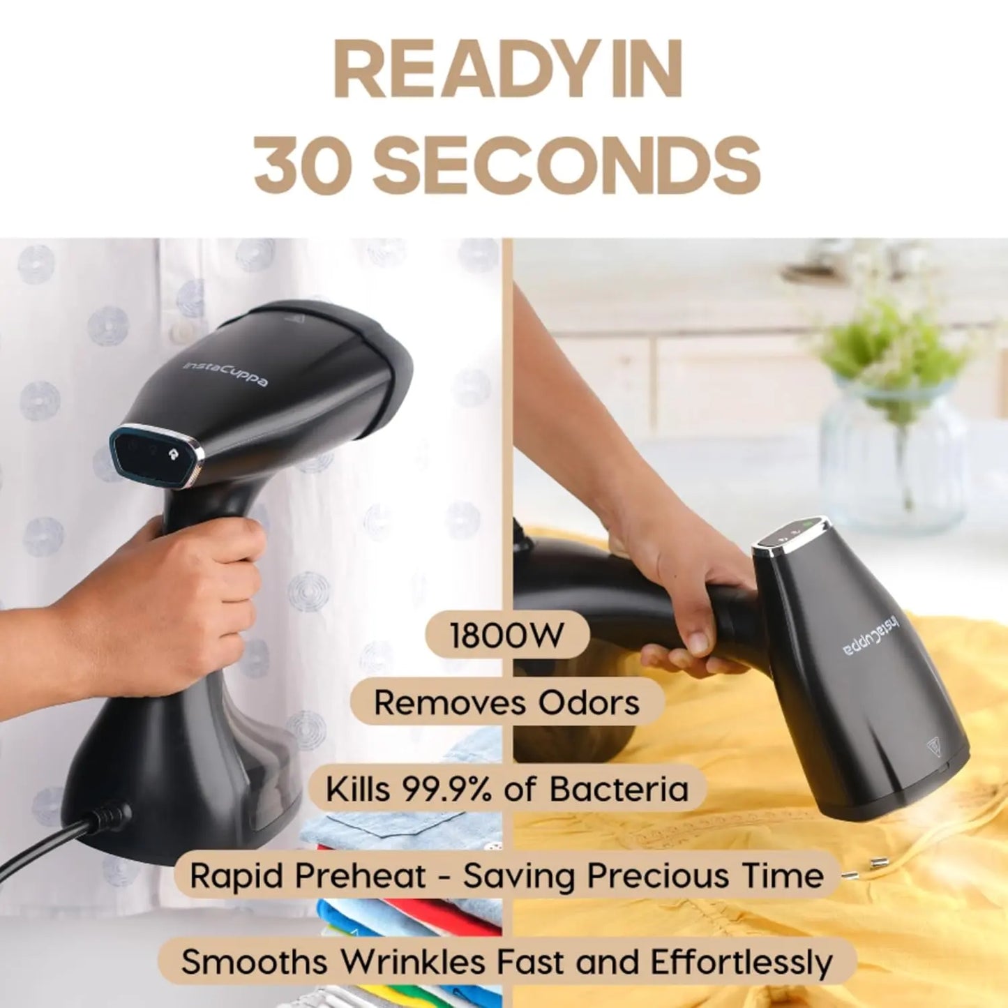 InstaCuppa Foldable Garment Steamer for Clothes, 30-Sec Preheat, Fast Wrinkle Removal 1800W Handheld Steam Iron, Safe for All Fabrics, Travel-Friendly & Portable, 2 Exclusive Accessories Included 