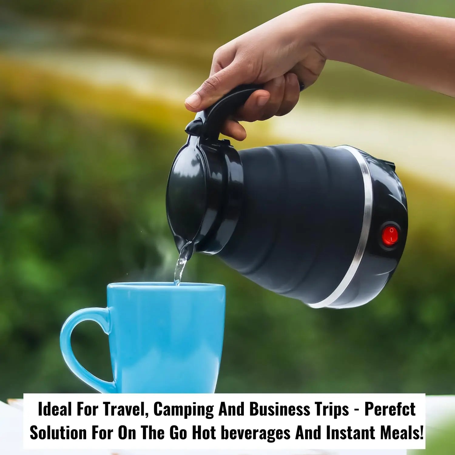InstaCuppa Foldable Silicone Electric Kettle, 600 ML,600 Watts,Travel Kettle, Fast Boiling, Food Grade Silicone, Collapsible Kettle, Portable, Boil Dry Protection For Travel, Home, & Office 