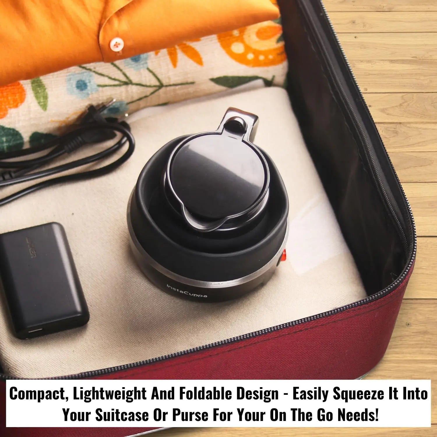 InstaCuppa Foldable Silicone Electric Kettle, 600 ML,600 Watts,Travel Kettle, Fast Boiling, Food Grade Silicone, Collapsible Kettle, Portable, Boil Dry Protection For Travel, Home, & Office 