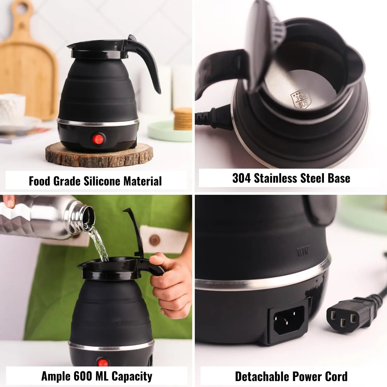 InstaCuppa Foldable Silicone Electric Kettle, 600 ML,600 Watts,Travel Kettle, Fast Boiling, Food Grade Silicone, Collapsible Kettle, Portable, Boil Dry Protection For Travel, Home, & Office 