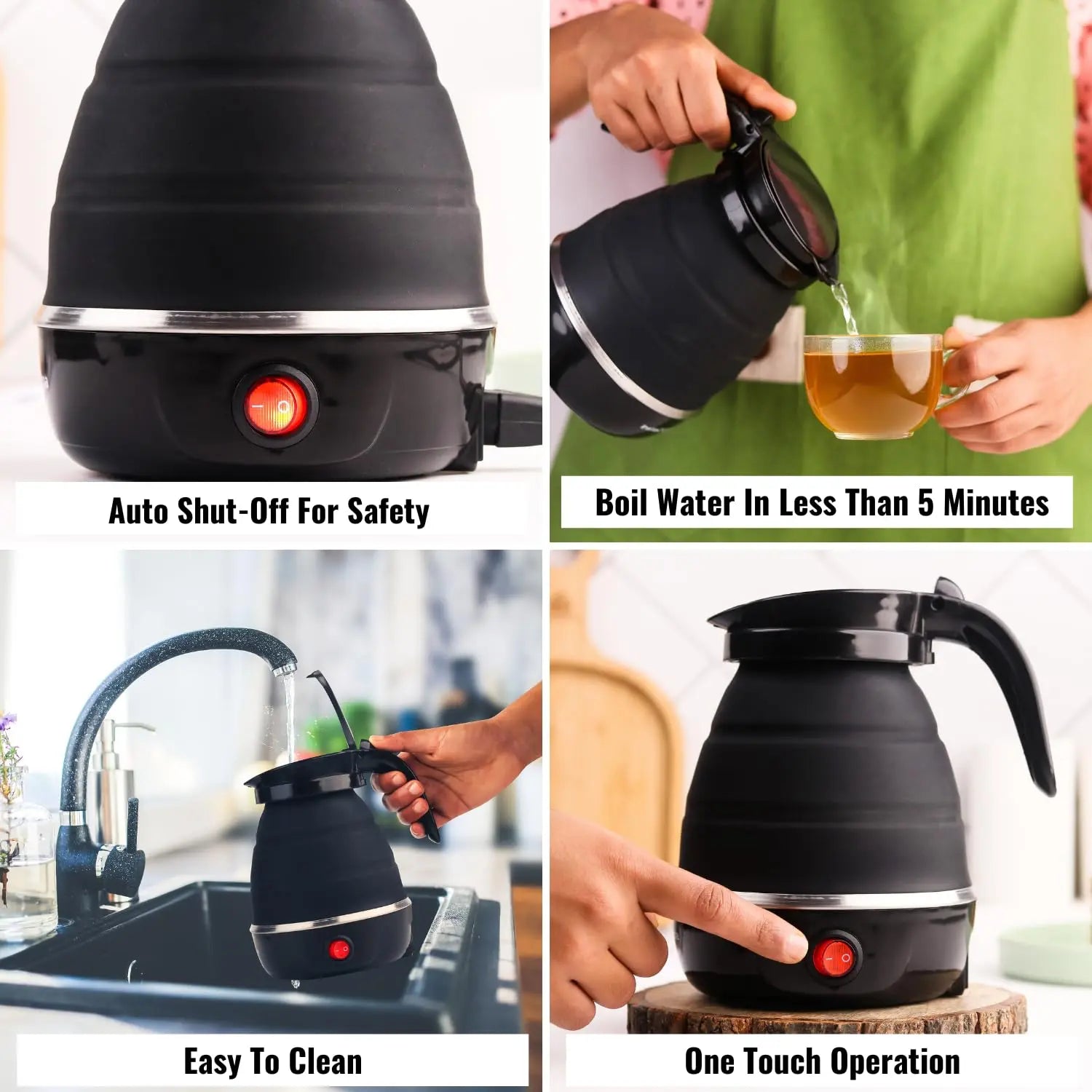 InstaCuppa Foldable Silicone Electric Kettle, 600 ML,600 Watts,Travel Kettle, Fast Boiling, Food Grade Silicone, Collapsible Kettle, Portable, Boil Dry Protection For Travel, Home, & Office 