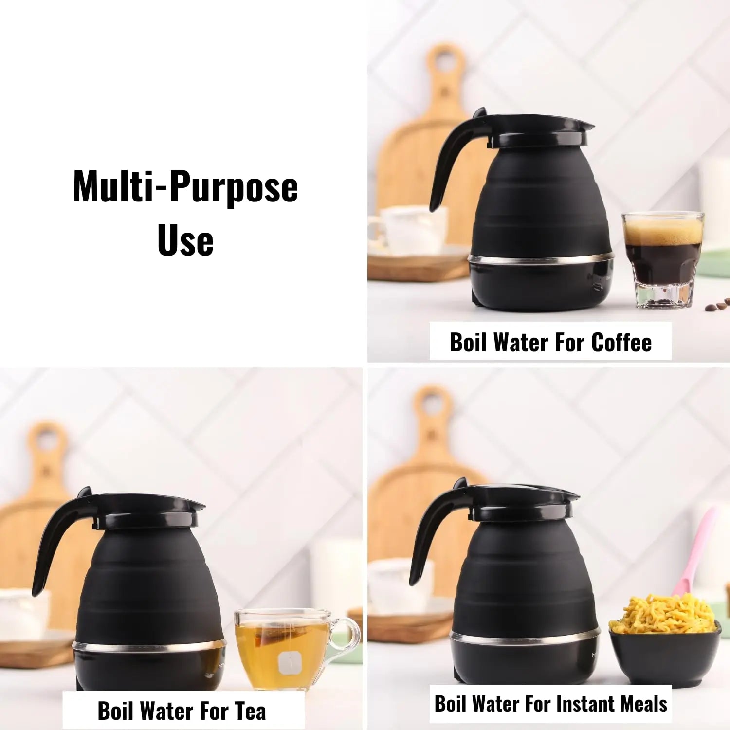 InstaCuppa Foldable Silicone Electric Kettle, 600 ML,600 Watts,Travel Kettle, Fast Boiling, Food Grade Silicone, Collapsible Kettle, Portable, Boil Dry Protection For Travel, Home, & Office 