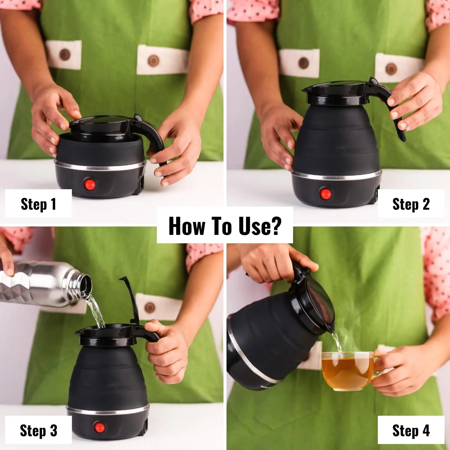 InstaCuppa Foldable Silicone Electric Kettle, 600 ML,600 Watts,Travel Kettle, Fast Boiling, Food Grade Silicone, Collapsible Kettle, Portable, Boil Dry Protection For Travel, Home, & Office 