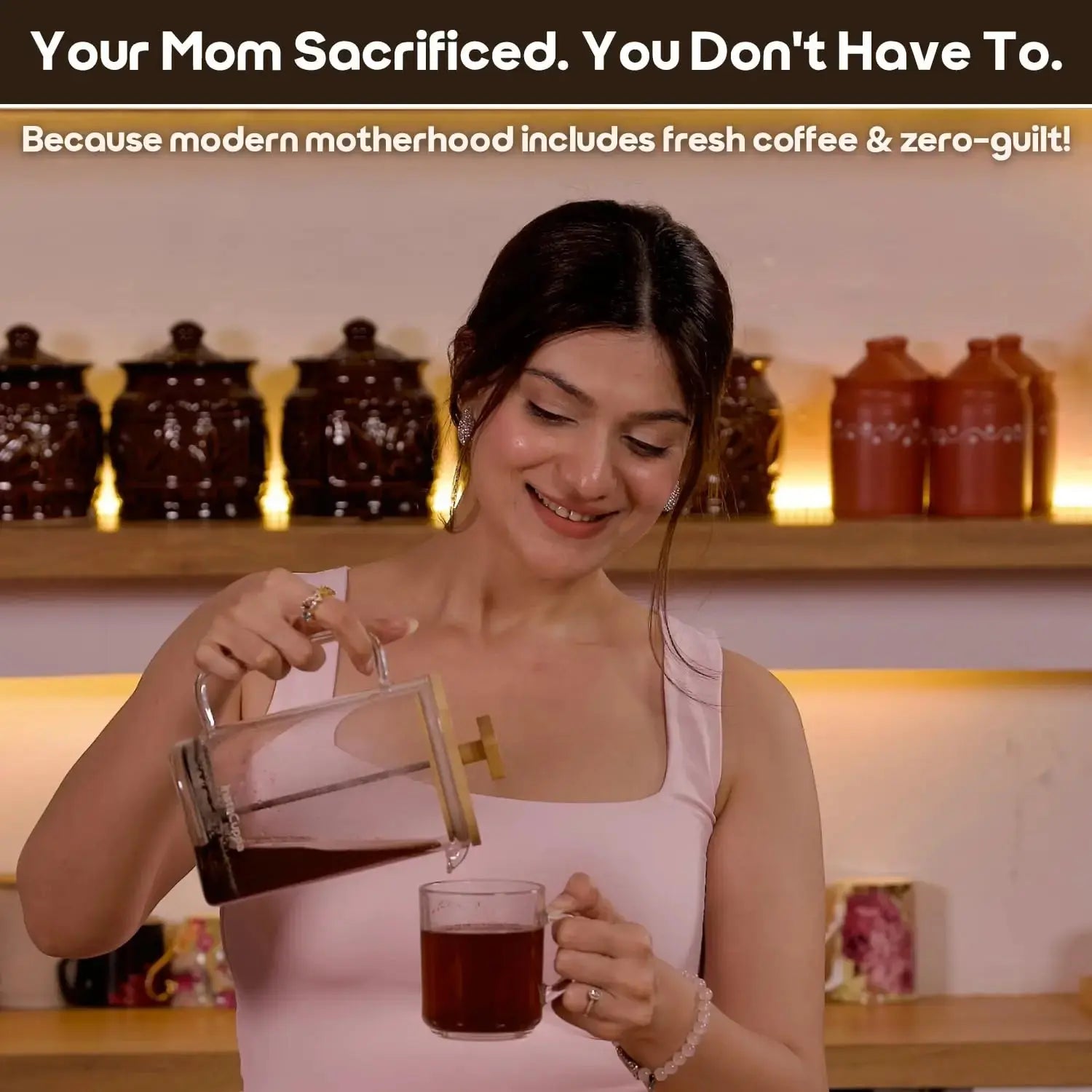 InstaCuppa French Press with Tea Infuser - modern mom pouring fresh coffee because motherhood deserves better than instant