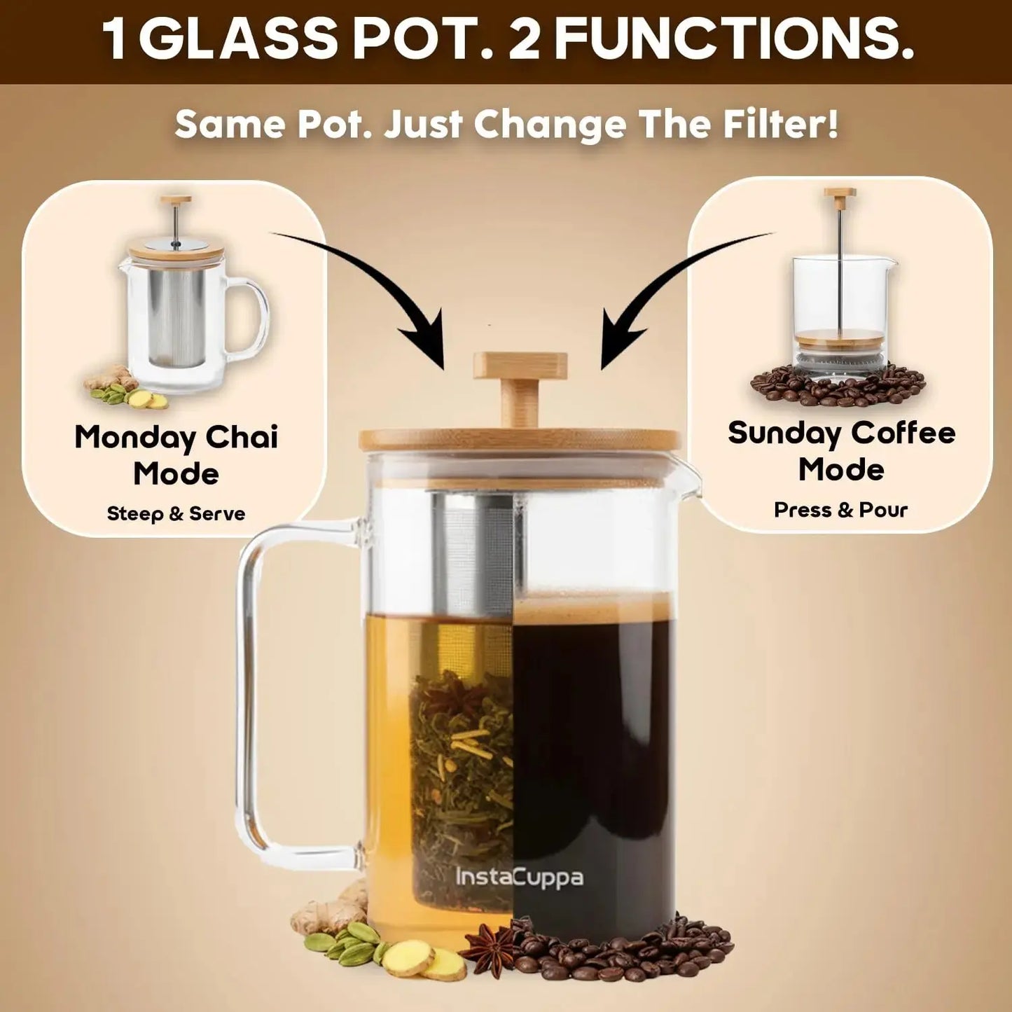 InstaCuppa French Press with Tea Infuser 2-in-1 design - coffee with mesh plunger and tea with steel infuser basket