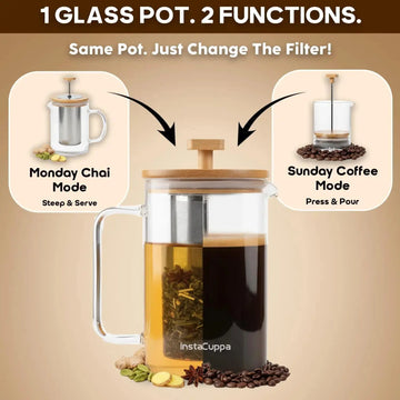 InstaCuppa French Press with Tea Infuser 2-in-1 design - coffee with mesh plunger and tea with steel infuser basket
