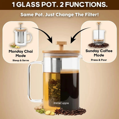 InstaCuppa French Press with Tea Infuser 2-in-1 design - coffee with mesh plunger and tea with steel infuser basket