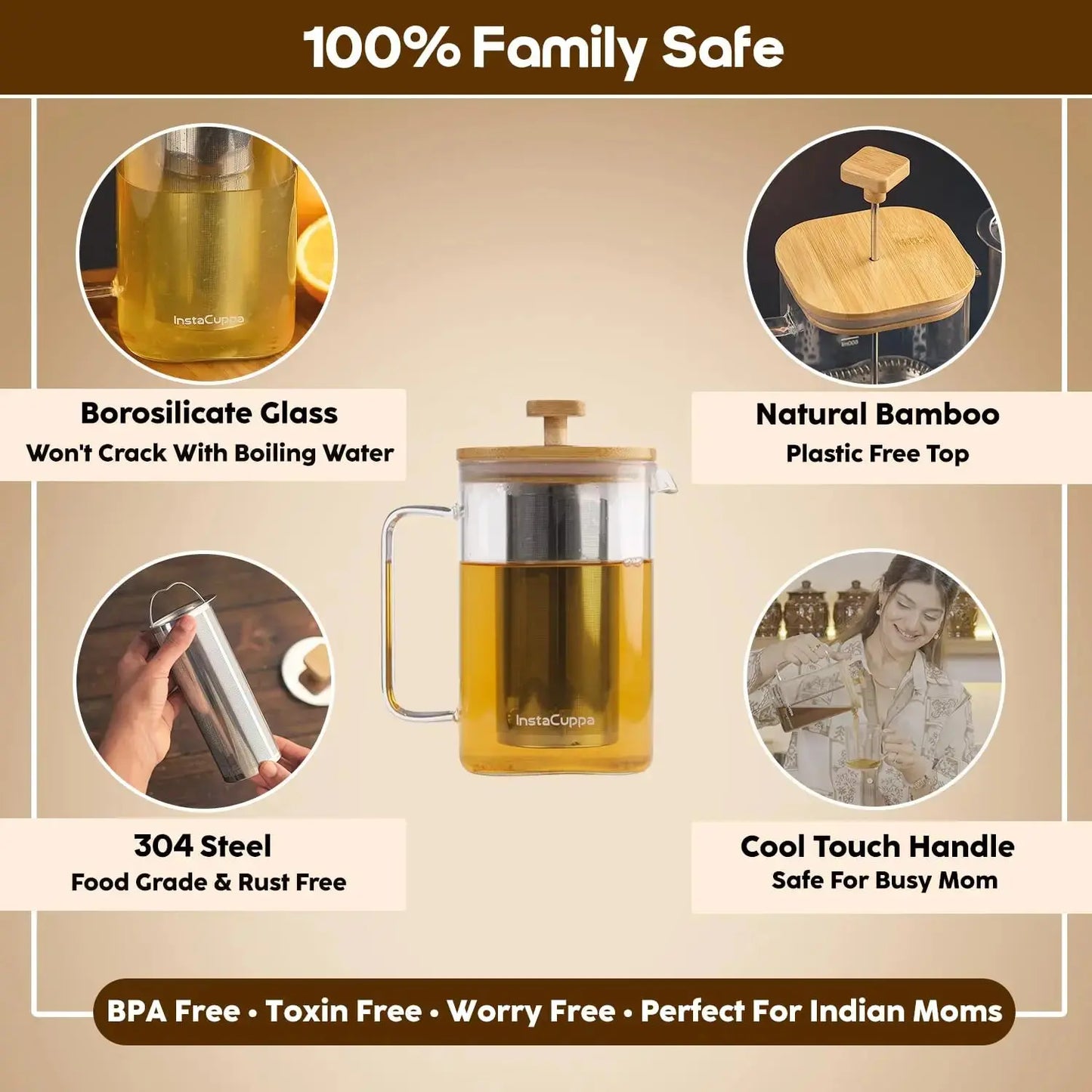 InstaCuppa French Press with Tea Infuser 100% family safe - borosilicate glass, bamboo lid, 304 steel, BPA-free materials
