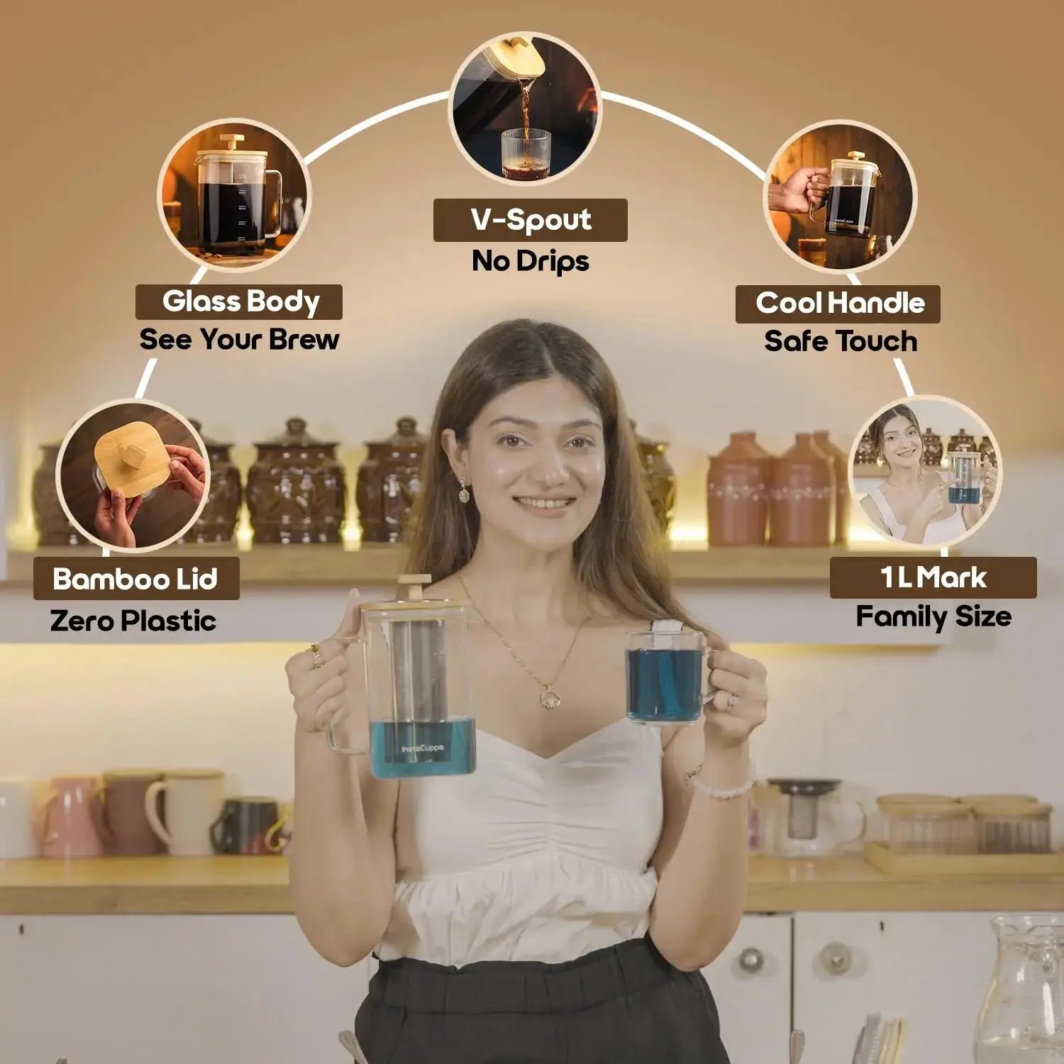 InstaCuppa French Press with Tea Infuser key features - glass body, V-spout, cool handle, bamboo lid, 1L family size