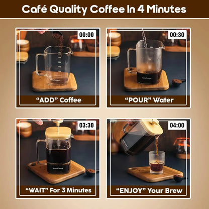 InstaCuppa French Press with Tea Infuser brewing steps - add coffee, pour water, wait 4 minutes, enjoy café-quality brew