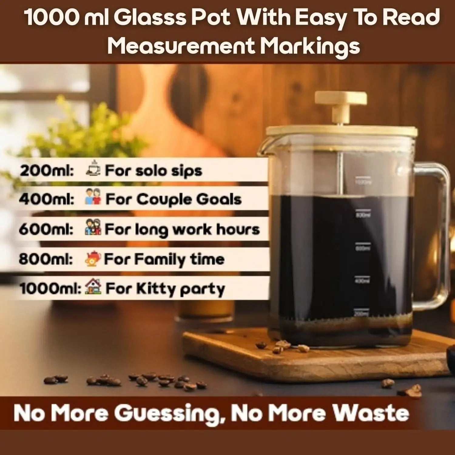 InstaCuppa French Press with Tea Infuser 1000ml capacity with measurement markings - 200ml solo to 1000ml guest-ready portions