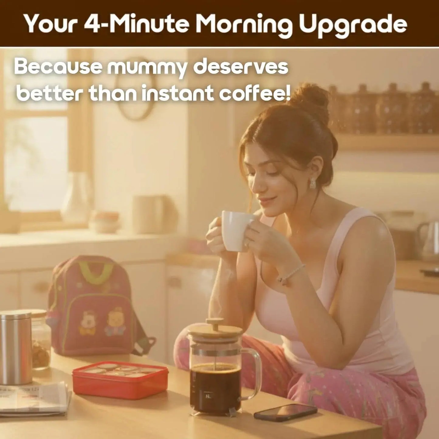 InstaCuppa French Press with Tea Infuser morning upgrade - busy mom enjoying café coffee while preparing school tiffin