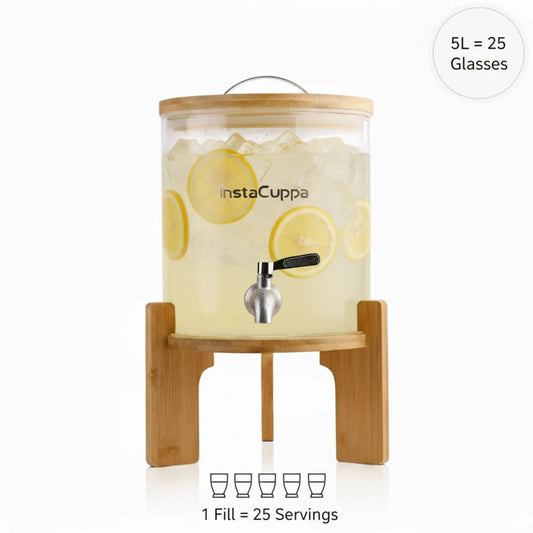 InstaCuppa Glass Beverage Dispenser 5 Liter for Busy Moms | Inbuilt Thermometer | Thick Borosilicate Glass | Bamboo Stand, Steel Tap | for Juices, Hot & Iced Drinks, Parties & Picnics 