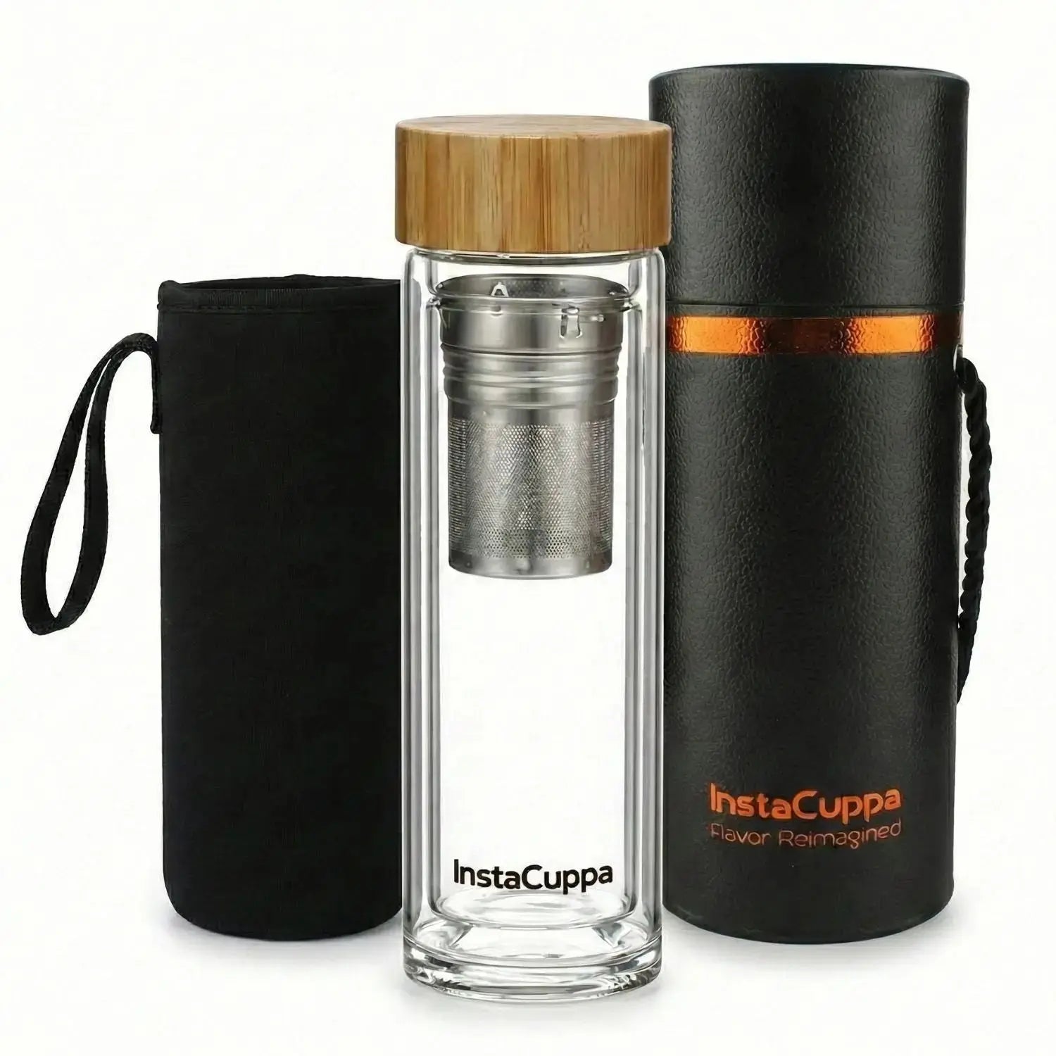 InstaCuppa glass tea infuser bottle 450ml with bamboo lid, double walled borosilicate glass - Hero image
