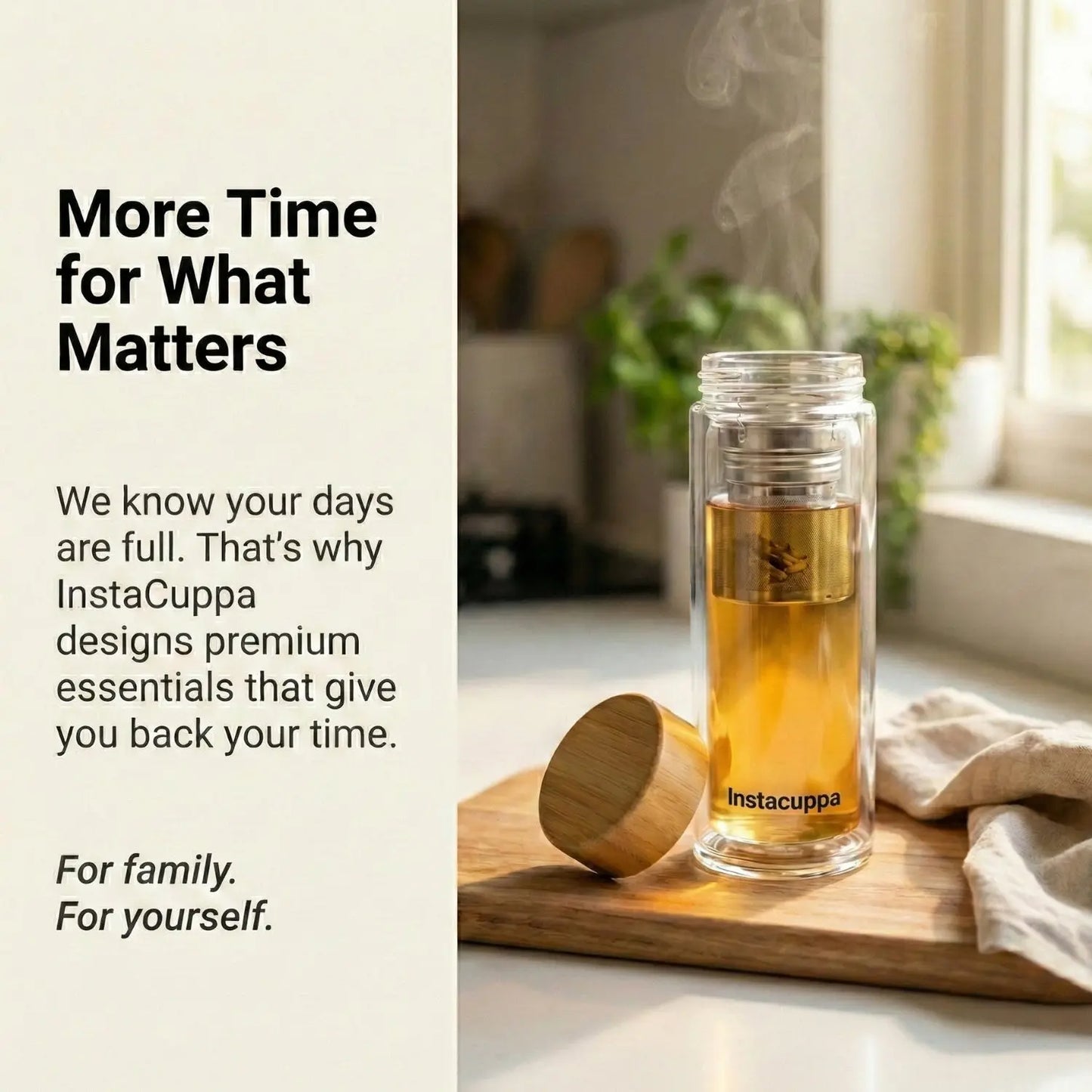 InstaCuppa glass tea infuser bottle - premium essentials that give you back your time for family and yourself