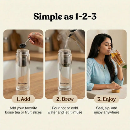 InstaCuppa glass tea infuser bottle simple 3-step brewing - add loose tea, pour hot or cold water, seal and enjoy anywhere