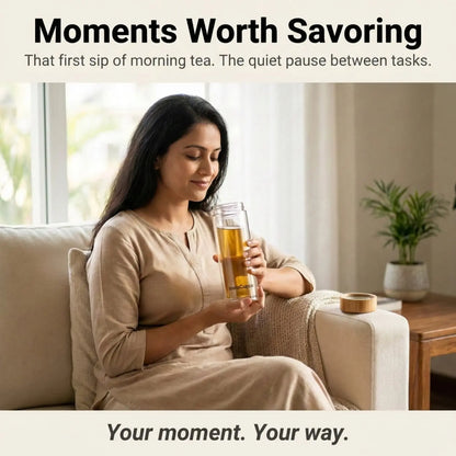 InstaCuppa glass tea infuser bottle moments worth savoring - Indian mom enjoying peaceful morning tea on couch