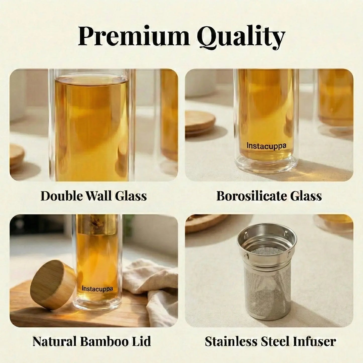 InstaCuppa glass tea infuser bottle premium quality materials - double wall glass, borosilicate, bamboo lid, stainless steel infuser