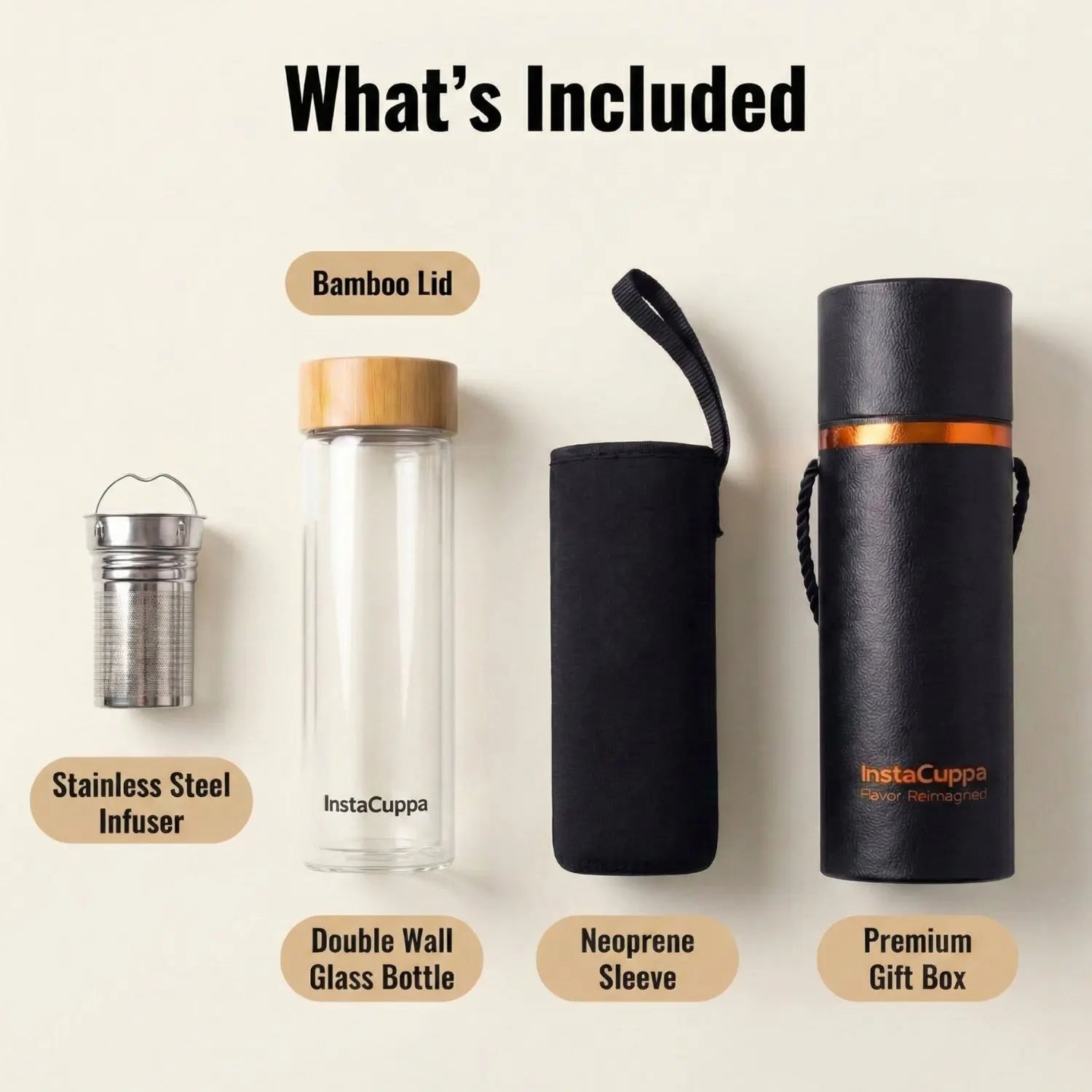 InstaCuppa glass tea infuser bottle package contents - stainless steel infuser, bamboo lid, neoprene sleeve, premium gift box