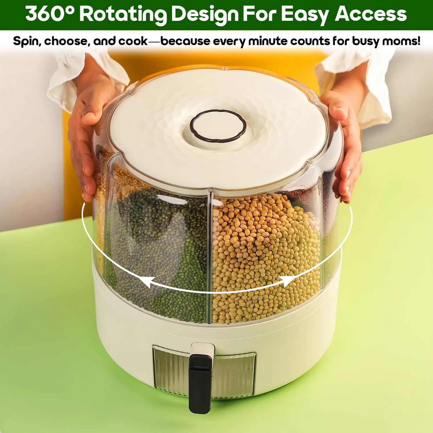 InstaCuppa Rotating Grain Dispenser showing 360 degree rotation design with transparent compartments for easy grain level monitoring
