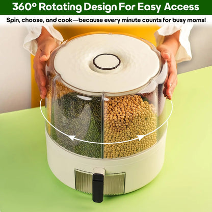 InstaCuppa Rotating Grain Dispenser showing 360 degree rotation design with transparent compartments for easy grain level monitoring