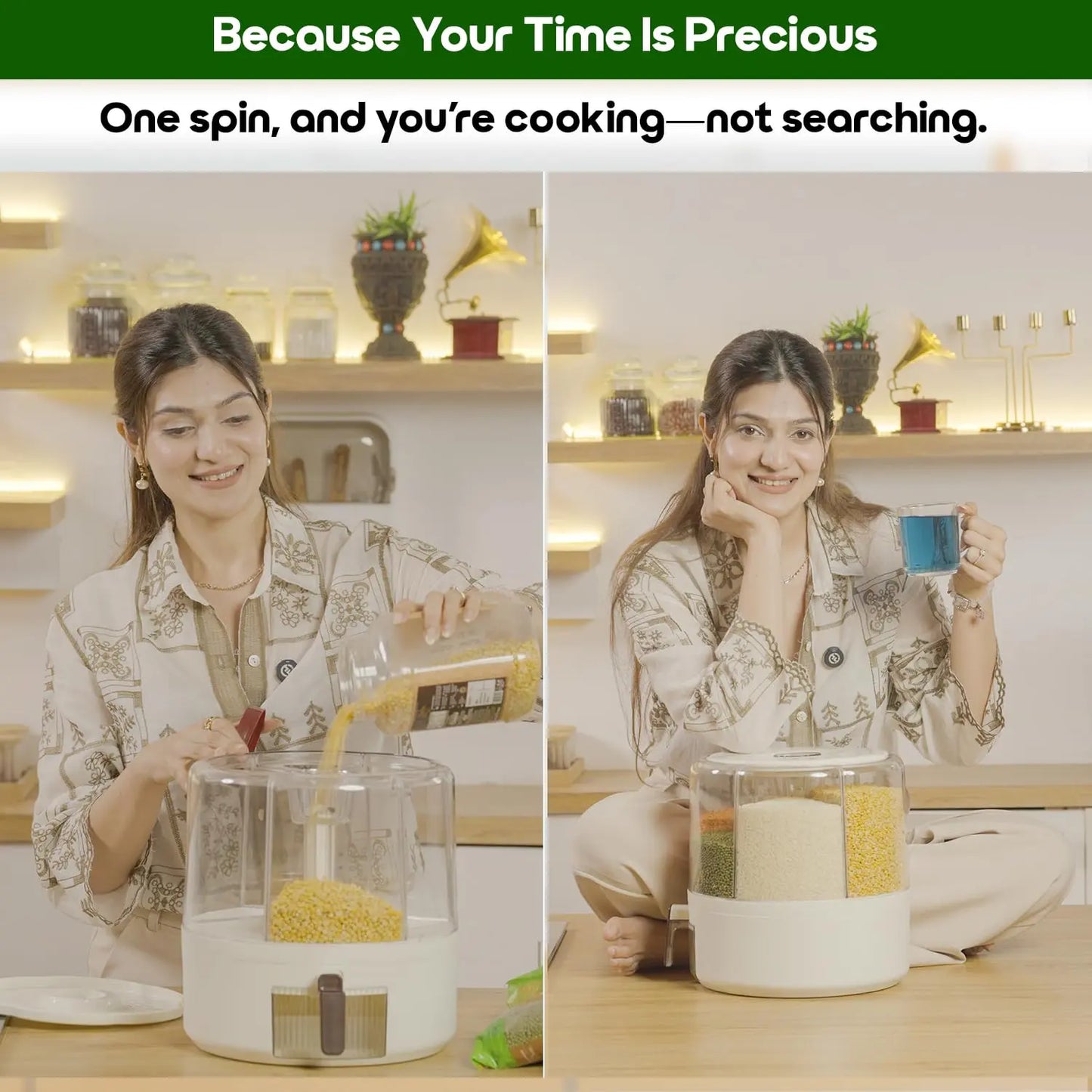 InstaCuppa Rotating Grain Dispenser in use - busy mom accessing organized grains and pulses in modern Indian kitchen