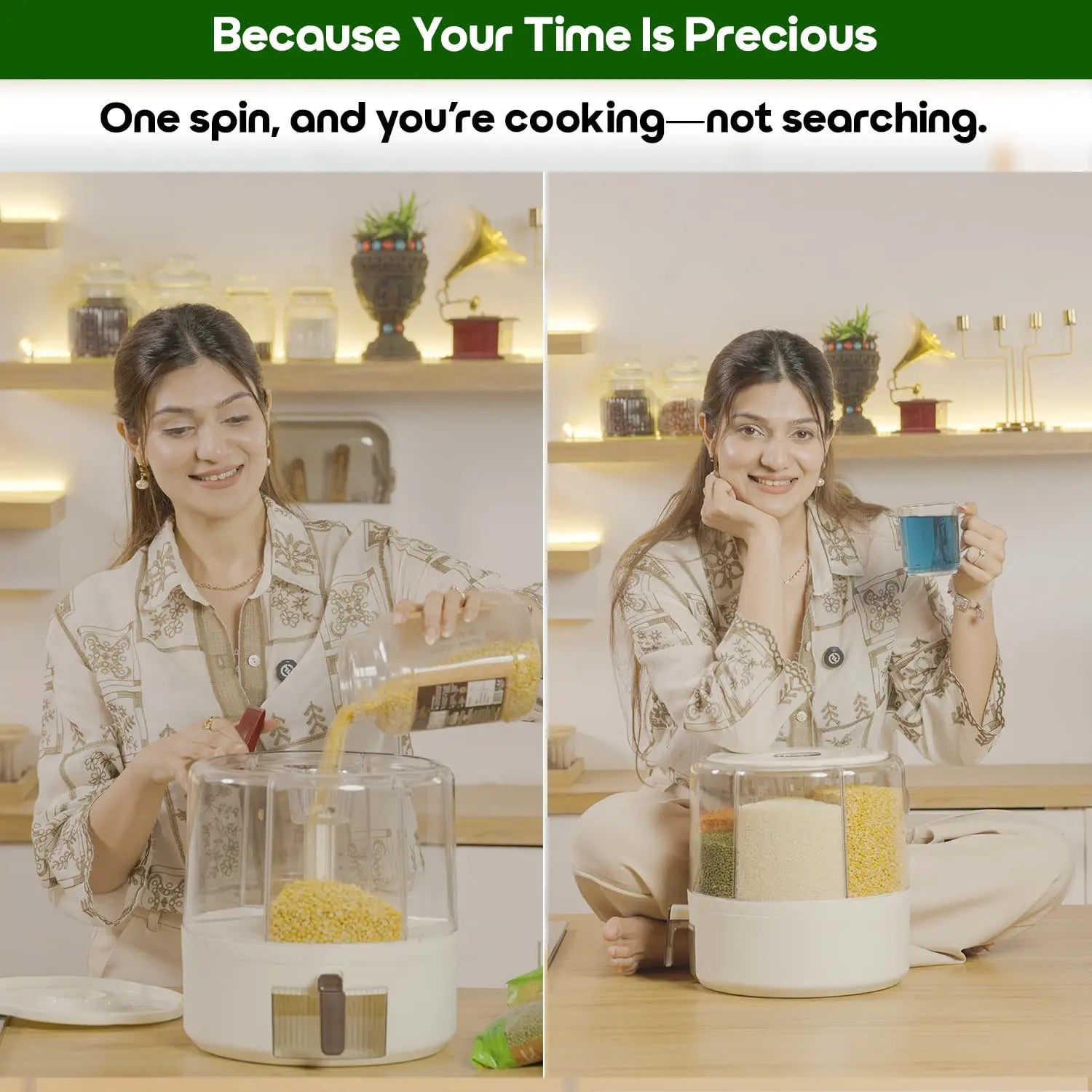 InstaCuppa Rotating Grain Dispenser in use - busy mom accessing organized grains and pulses in modern Indian kitchen