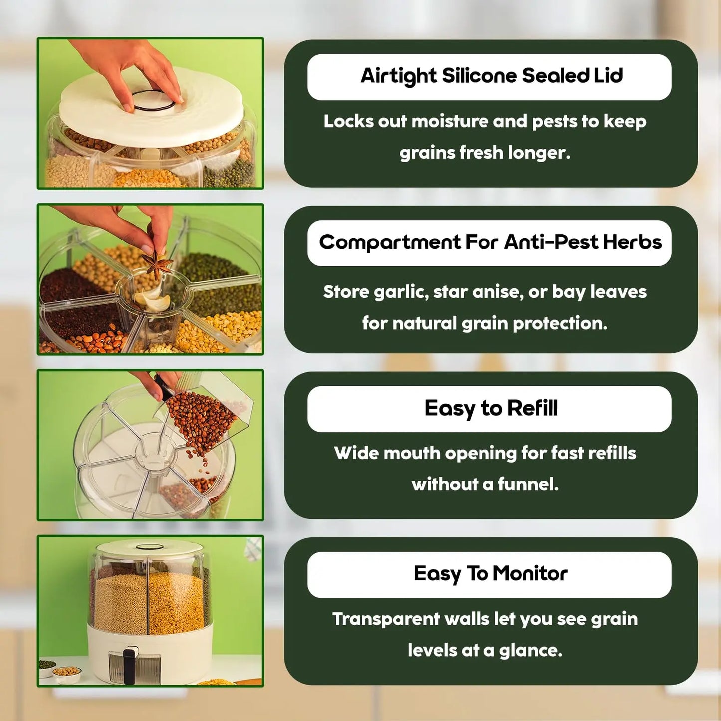InstaCuppa Rotating Grain Dispenser with airtight silicone sealed lid and built-in herb slot for natural pest protection
