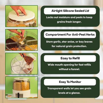 InstaCuppa Rotating Grain Dispenser with airtight silicone sealed lid and built-in herb slot for natural pest protection