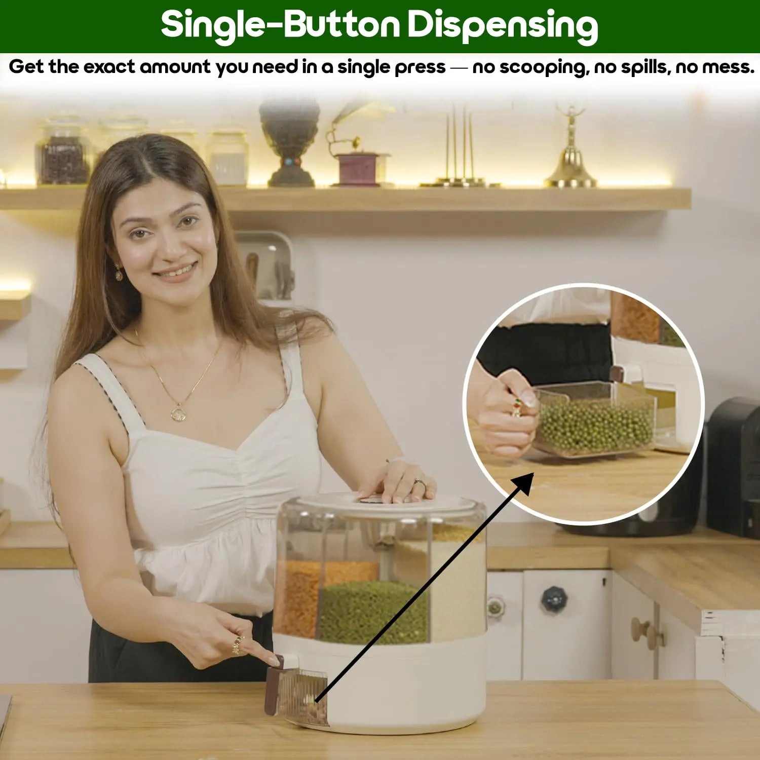 InstaCuppa Rotating Grain Dispenser single-button dispensing mechanism for mess-free rice and dal without scooping or spillage