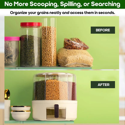 InstaCuppa Rotating Grain Dispenser transforming cluttered grain packets into organized 6 compartment storage system
