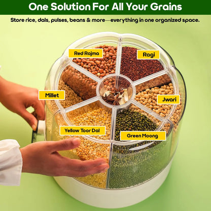 InstaCuppa Rotating Grain Dispenser storing rice, toor dal, moong dal, wheat, millet and pulses in separate compartments