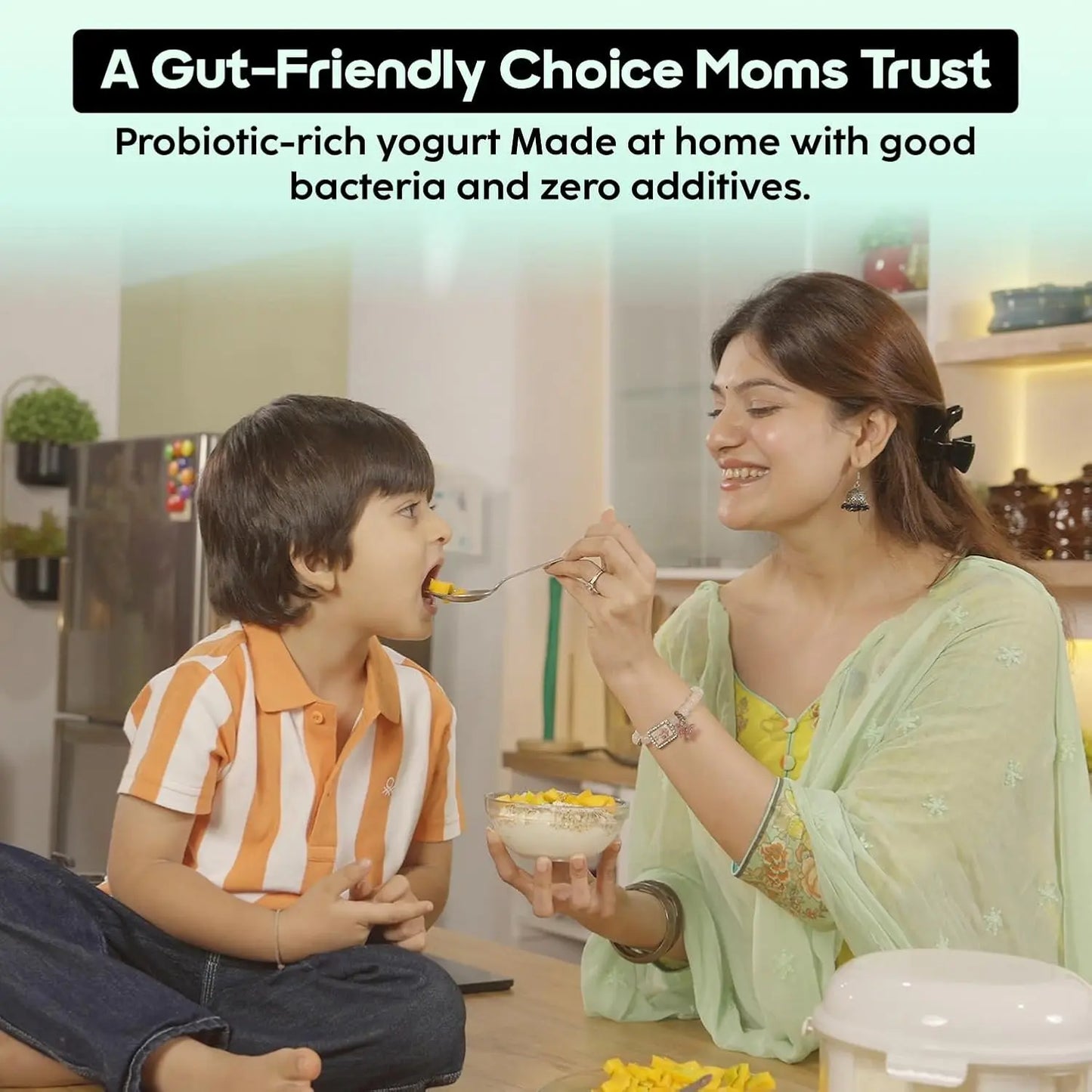 InstaCuppa Greek yogurt maker 2.5 litre - Indian mom feeding probiotic-rich homemade yogurt to happy child