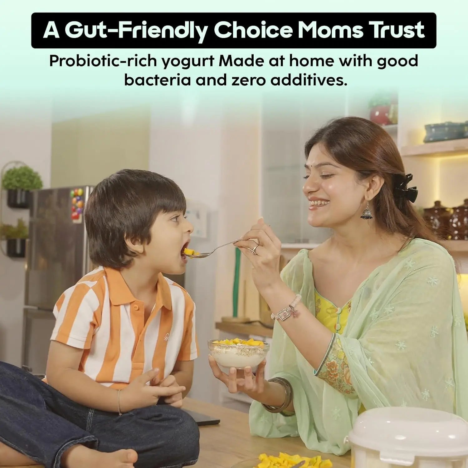 InstaCuppa Greek yogurt maker 2.5 litre - Indian mom feeding probiotic-rich homemade yogurt to happy child