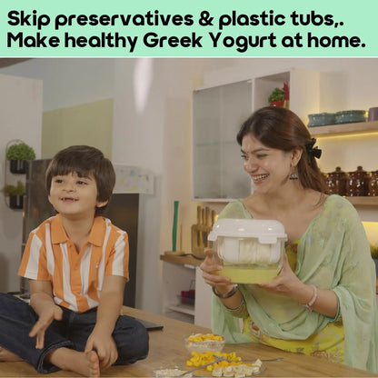 InstaCuppa Greek yogurt maker 2.5 litre for families - mom showing healthy homemade yogurt to excited child