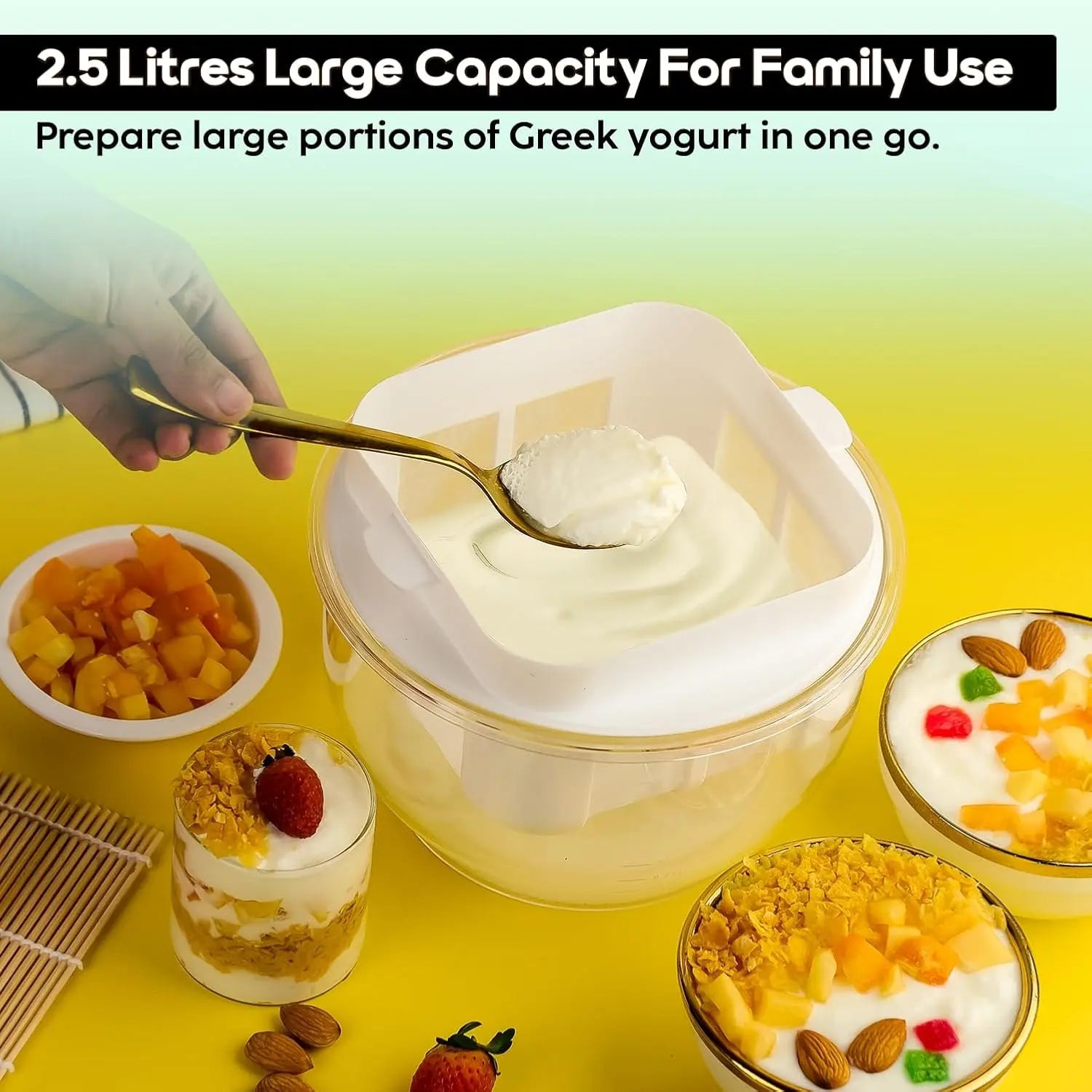 InstaCuppa Greek yogurt maker 2.5 litre large capacity - prepare family-size thick creamy yogurt in one batch