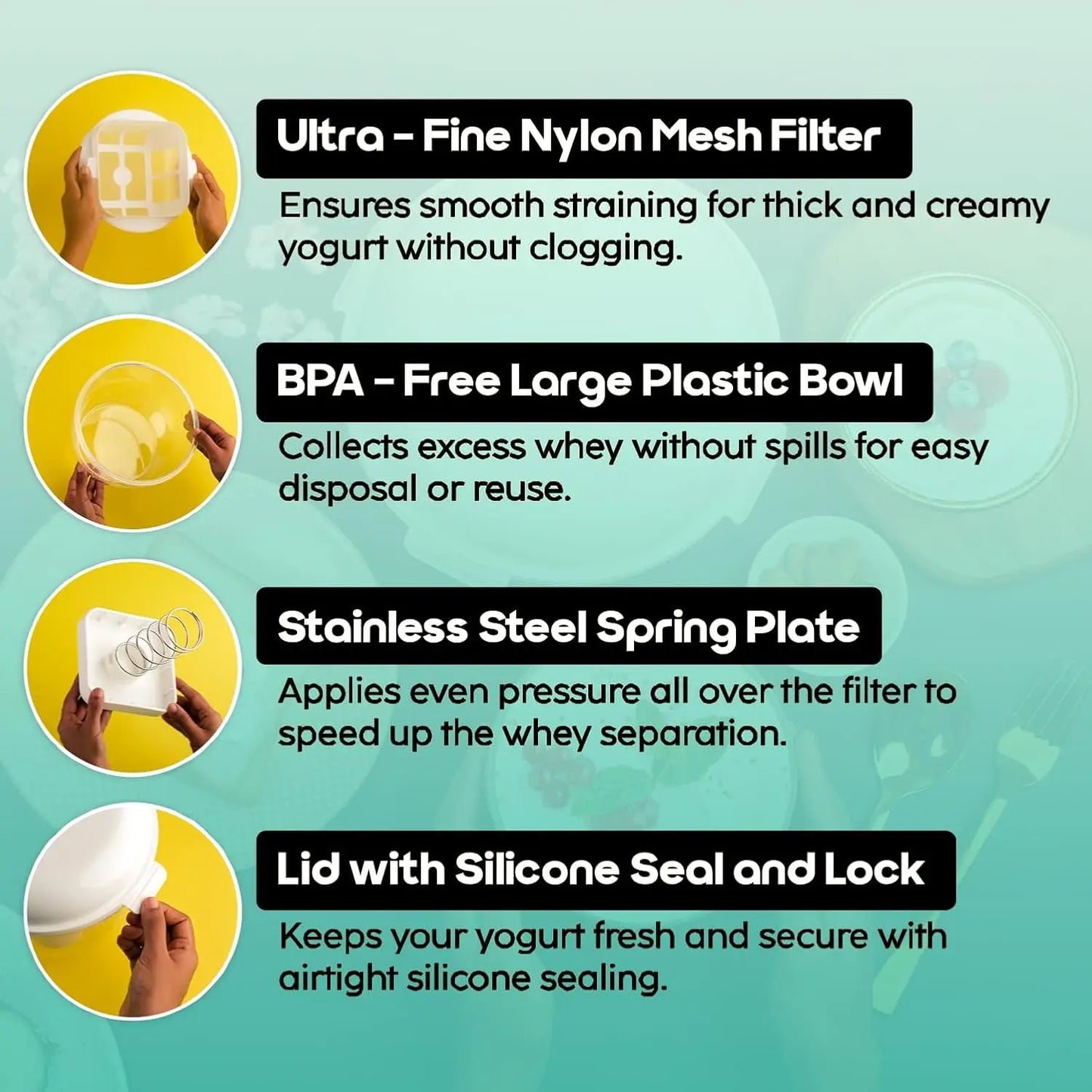 InstaCuppa Greek yogurt maker 2.5 litre components - nylon mesh filter, BPA-free bowl, spring plate, seal lid