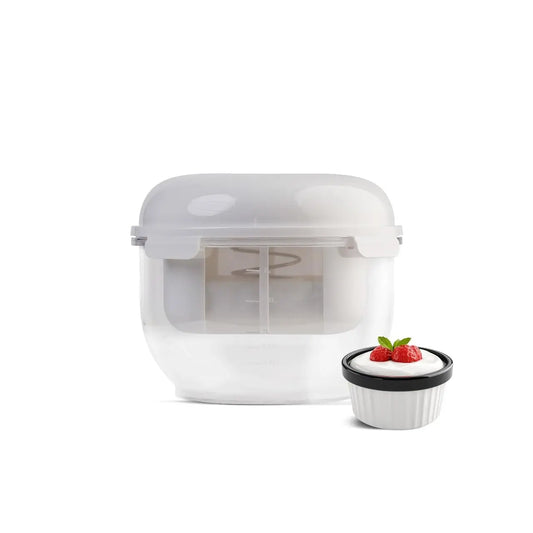 InstaCuppa Greek yogurt maker 2.5 litre with measurement markings, spring pressure plate, and strawberry yogurt