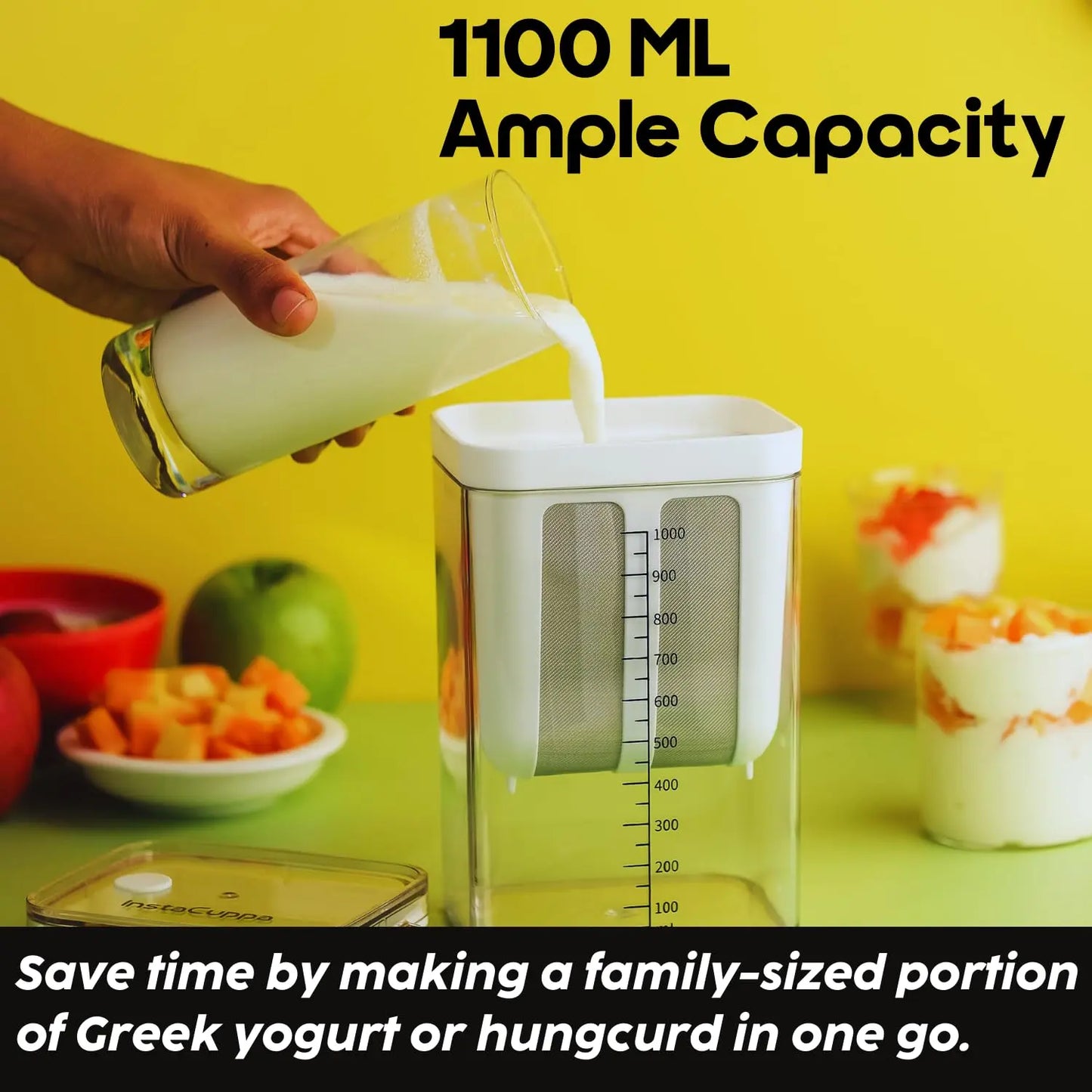 InstaCuppa Greek Yogurt Maker – 1100 ml Multipurpose Yogurt Strainer with Stainless Steel Fine Mesh, BPA-Free Transparent Canister & Lid, Hung Curd & Cheese Maker for Home, Easy to Use for Busy Moms 