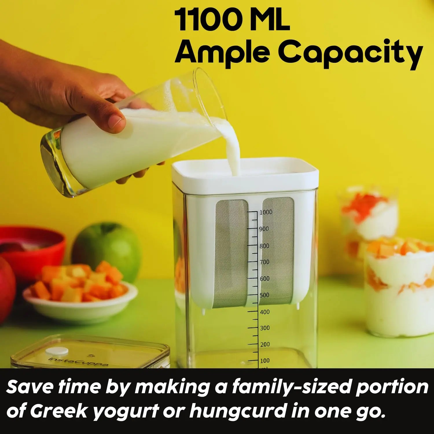 InstaCuppa Greek Yogurt Maker – 1100 ml Multipurpose Yogurt Strainer with Stainless Steel Fine Mesh, BPA-Free Transparent Canister & Lid, Hung Curd & Cheese Maker for Home, Easy to Use for Busy Moms 